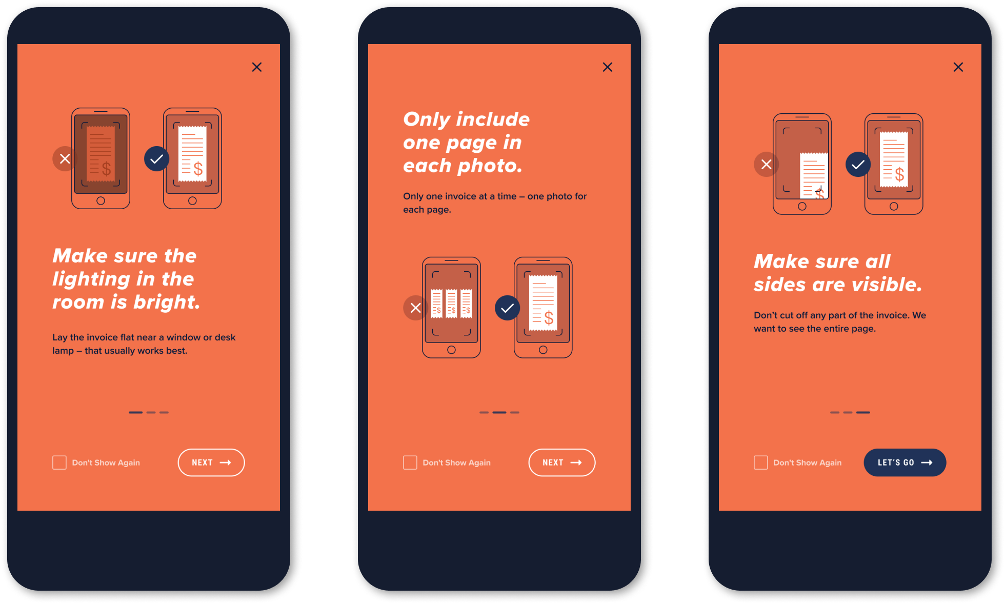 Onboarding screens with illustrations.